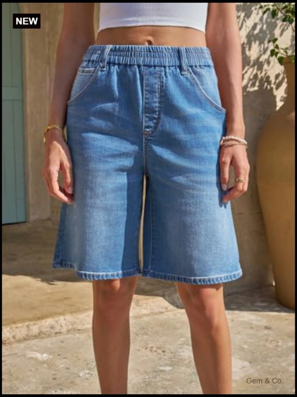 Women's Elastic Waisted Bermuda Jean Shorts Long Denim Jorts Knee Length Baggy - Picture 2 of 7